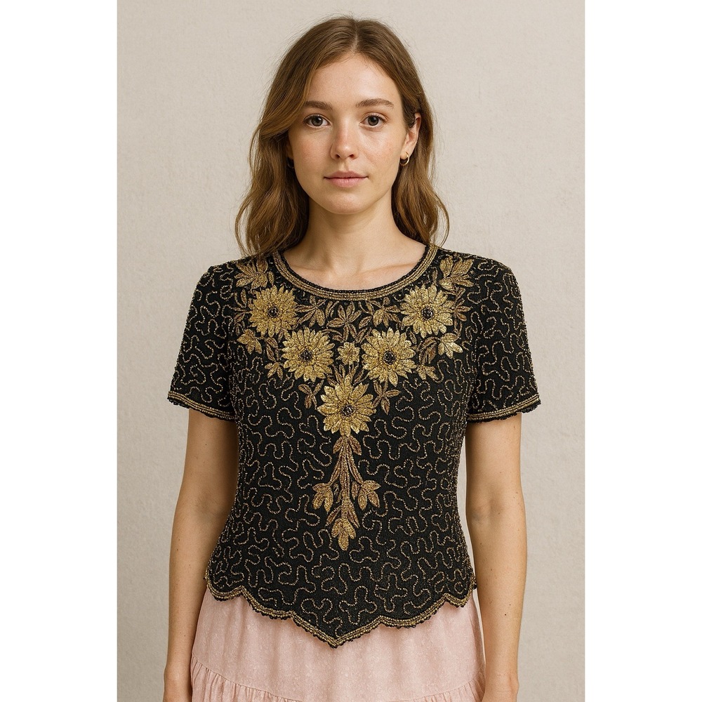 Papell Boutique Evening‎ Black Gold Beaded Silk Top Cocktail Party Large